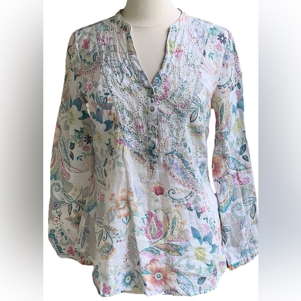 Malvin 100% Linen Blouse Top S/6 Romantic Floral Boho Chic Fairycore Coquette